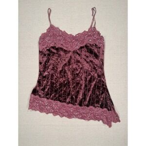ING Burgundy Crushed Velvet Lace Sequin Cami Top Y2K Asymmetrical Hem Medium